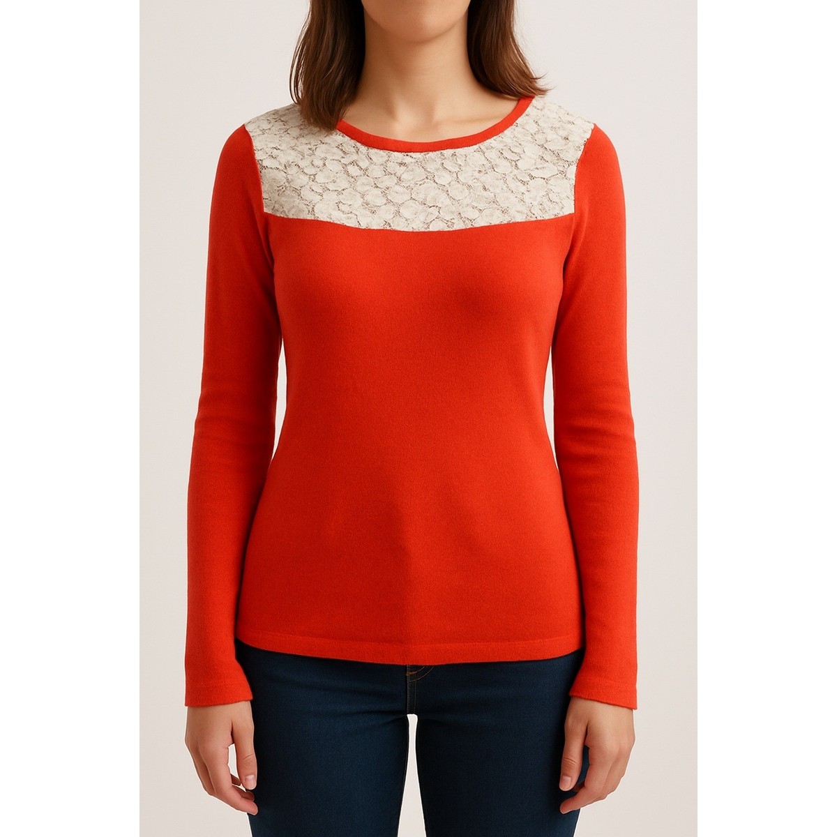 Sweater Knit Top Lace Detail Long Sleeve Casual Pullover