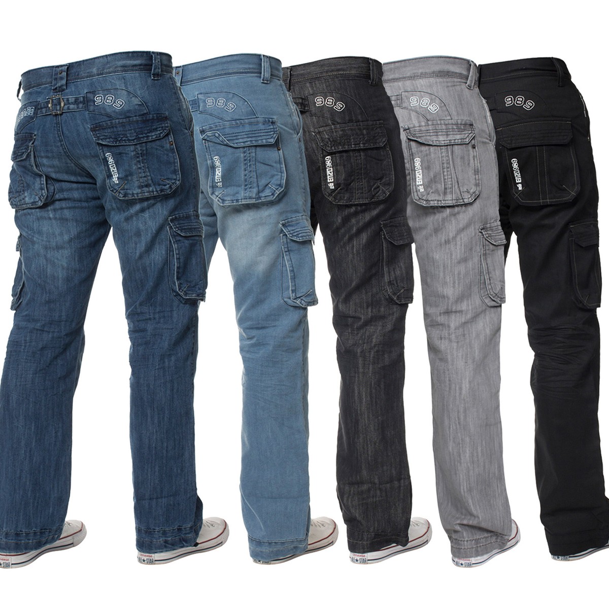 Enzo Mens Cargo Combat Jeans Denim Trousers Casual Work Pants