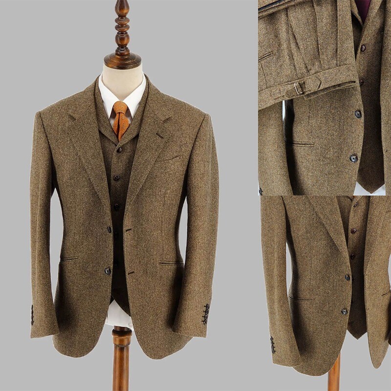 Men's Brown Wool Blend Suit 3 Piece Set Herringbone Pattern Retro English Style