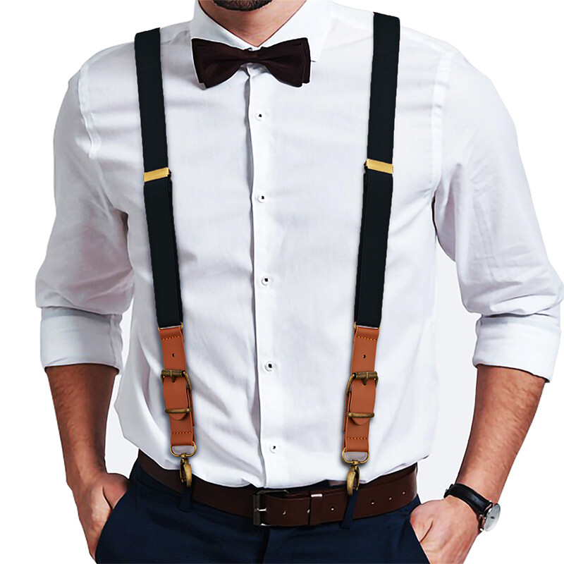 Men's Suspenders Y Back Adjustable Leather Elastic Y-Shaped Hooks Pants Braces