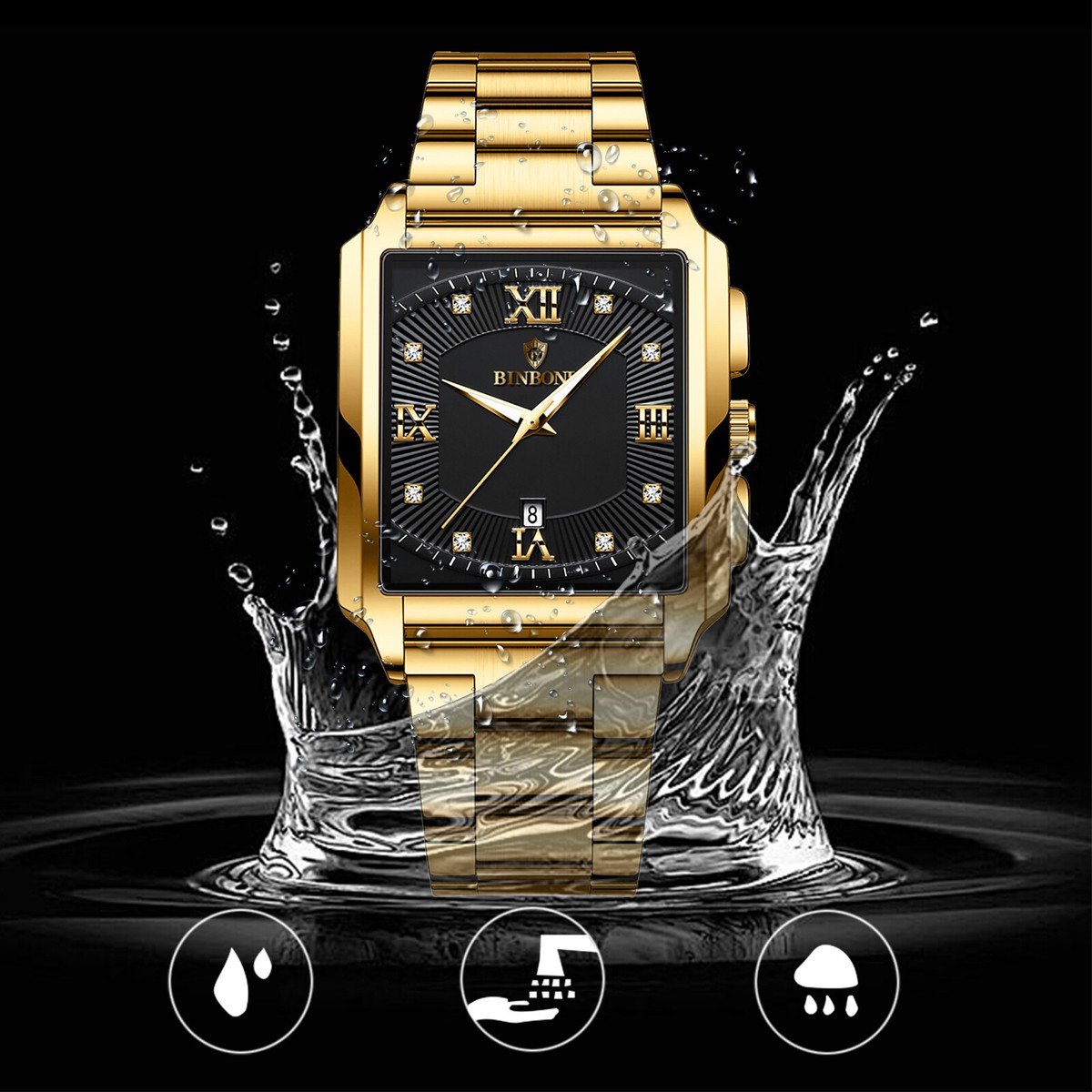 Waterproof Date Square Dial Watch Mens Stainless Steel Quartz Analog Wristwatch