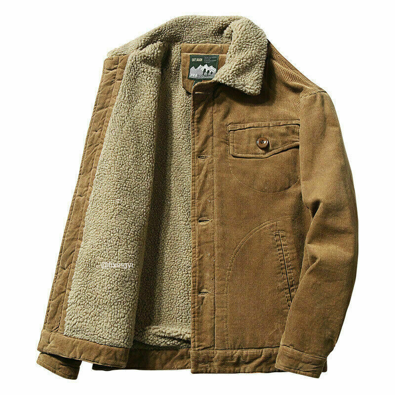 Retro Men's Corduroy Sherpa Trucker Jacket Fur Fleece Lined Classic Casual Coat