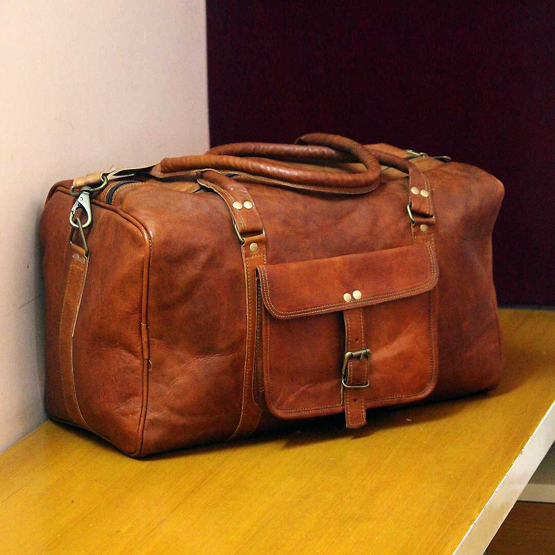 Vintage Genuine Bag Goat Leather Gym Travel Luggage Duffel Weekend Overnight