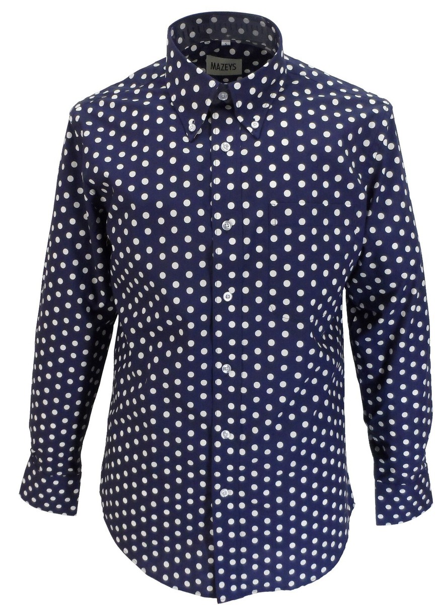 Mazeys Mens Navy Blue and White Polka Dot 100% Cotton Shirts
